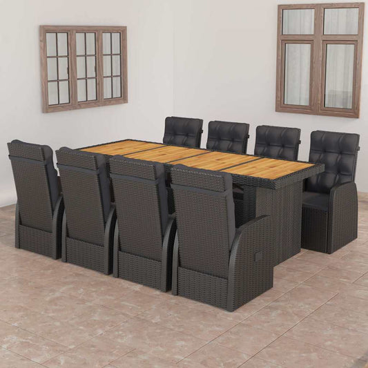 9 Piece Garden Dining Set with Cushions Black Poly Rattan