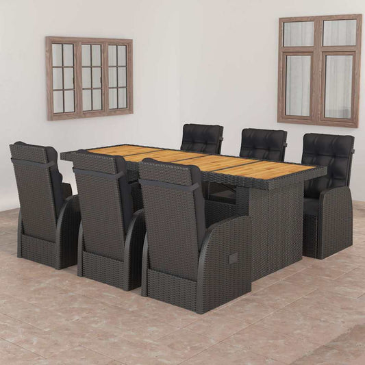7 Piece Garden Dining Set with Cushions Black Poly Rattan