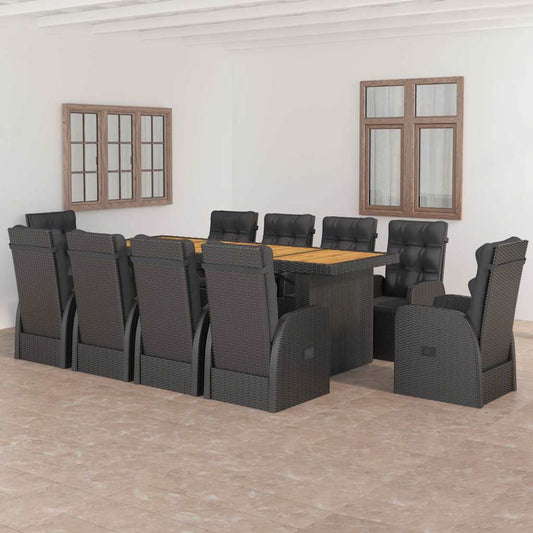 11 Piece Garden Dining Set with Cushions Black Poly Rattan