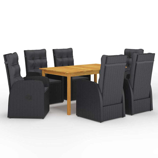 7 Piece Garden Dining Set with Cushions Black Poly Rattan