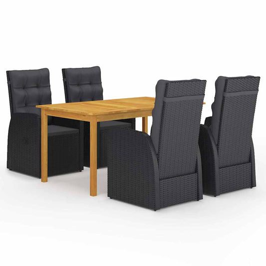 5 Piece Garden Dining Set with Cushions Black Poly Rattan