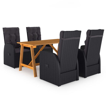 5 Piece Garden Dining Set with Cushions Black Poly Rattan