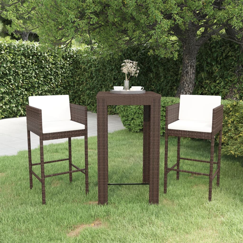 3 Piece Garden Bar Set with Cushions Poly Rattan Brown