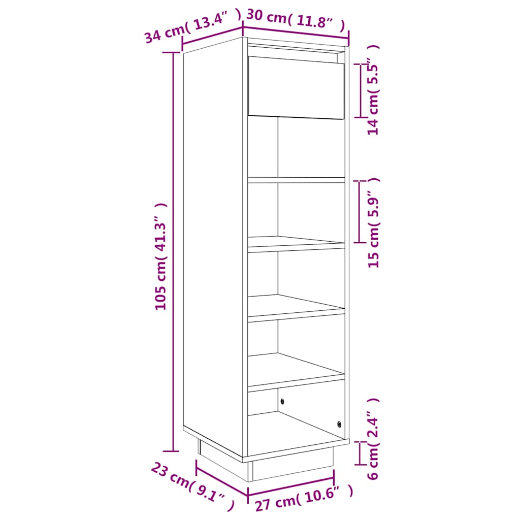 Shoe Cabinet Black 30x34x105 cm Solid Wood Pine