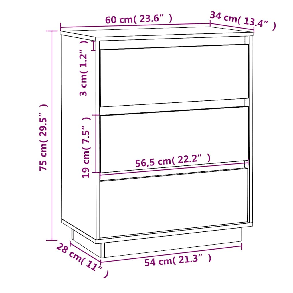 Sideboard White 60x34x75 cm Solid Wood Pine