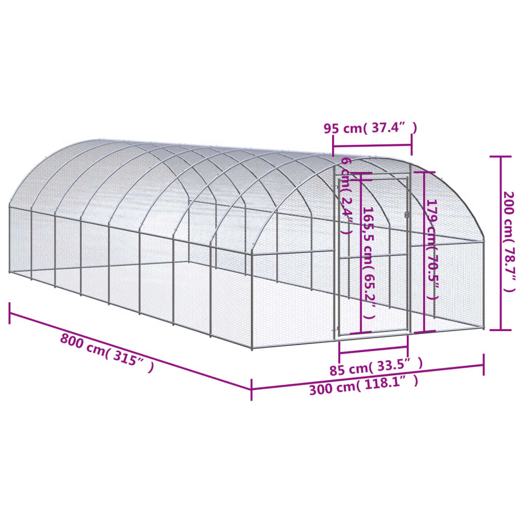 Chicken Coop Silver Galvanized Steel 3x8x6.6 ft Chicken Coop