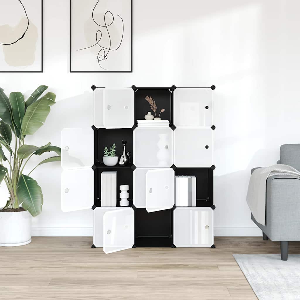Storage Cube Organiser with 12 Cubes and Doors Black PP