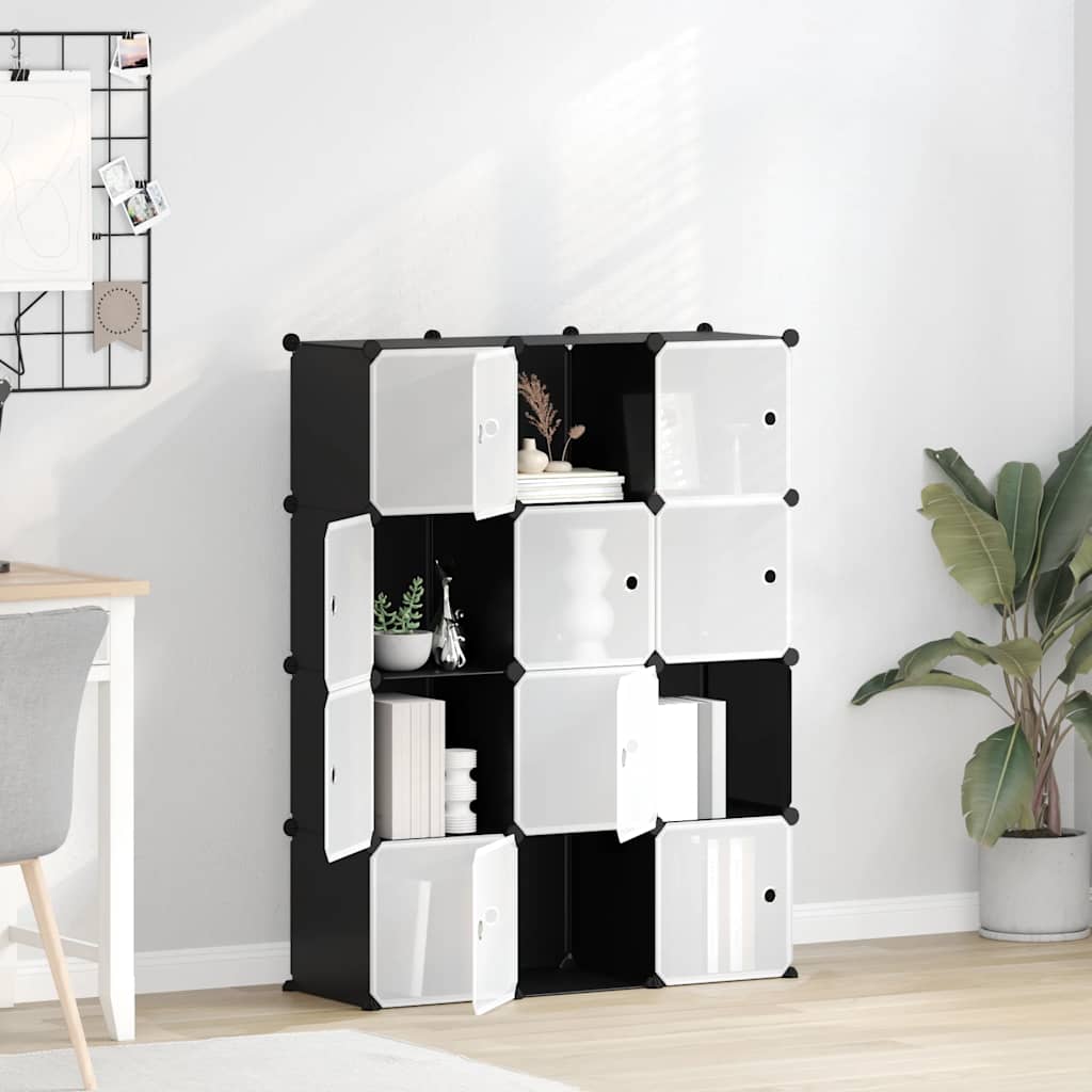 Storage Cube Organiser with 12 Cubes and Doors Black PP