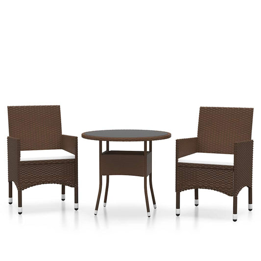 3 Piece Garden Bistro Set Poly Rattan and Tempered Glass Brown