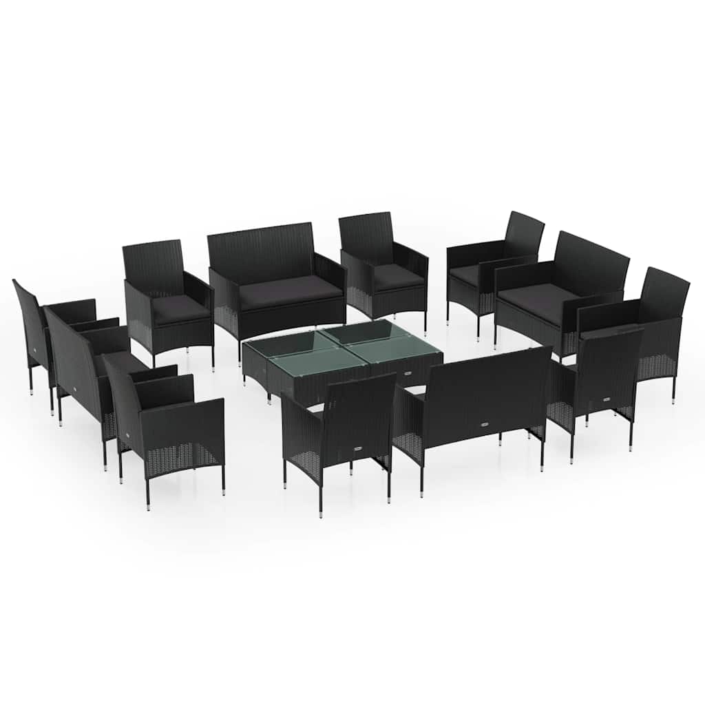 16 Piece Patio Lounge Set with Cushions Poly Rattan Black