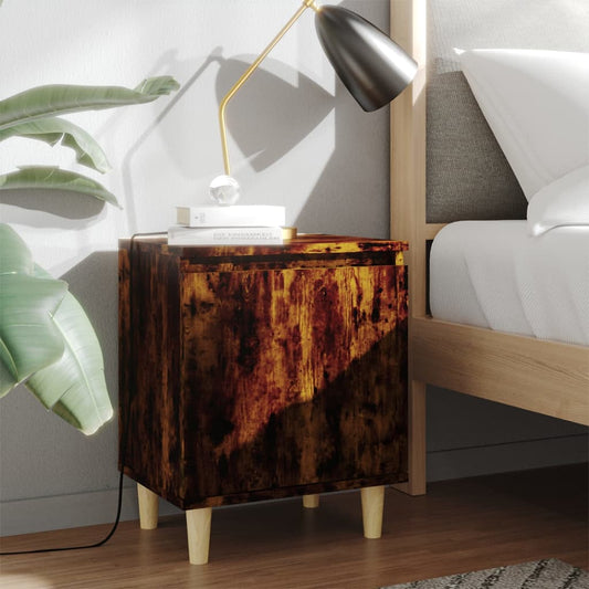 813110 vidaXL Bed Cabinet with Solid Wood Legs Smoked Oak 40x30x50 cm