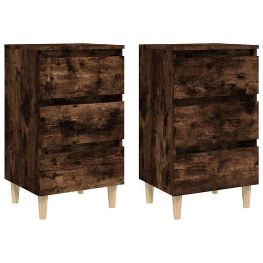 813135 vidaXL Bed Cabinets with Solid Wood Legs 2 pcs Smoked Oak 40x35x69 cm