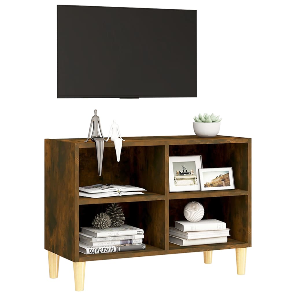 813146 vidaXL TV Cabinet with Solid Wood Legs Smoked Oak 69,5x30x50 cm
