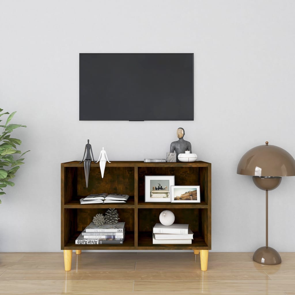813146 vidaXL TV Cabinet with Solid Wood Legs Smoked Oak 69,5x30x50 cm
