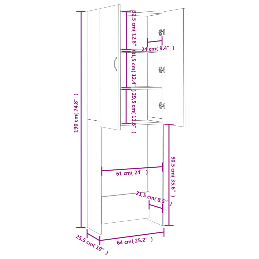 Washing Machine Cabinet Grey sonoma 64x25.5x190 cm