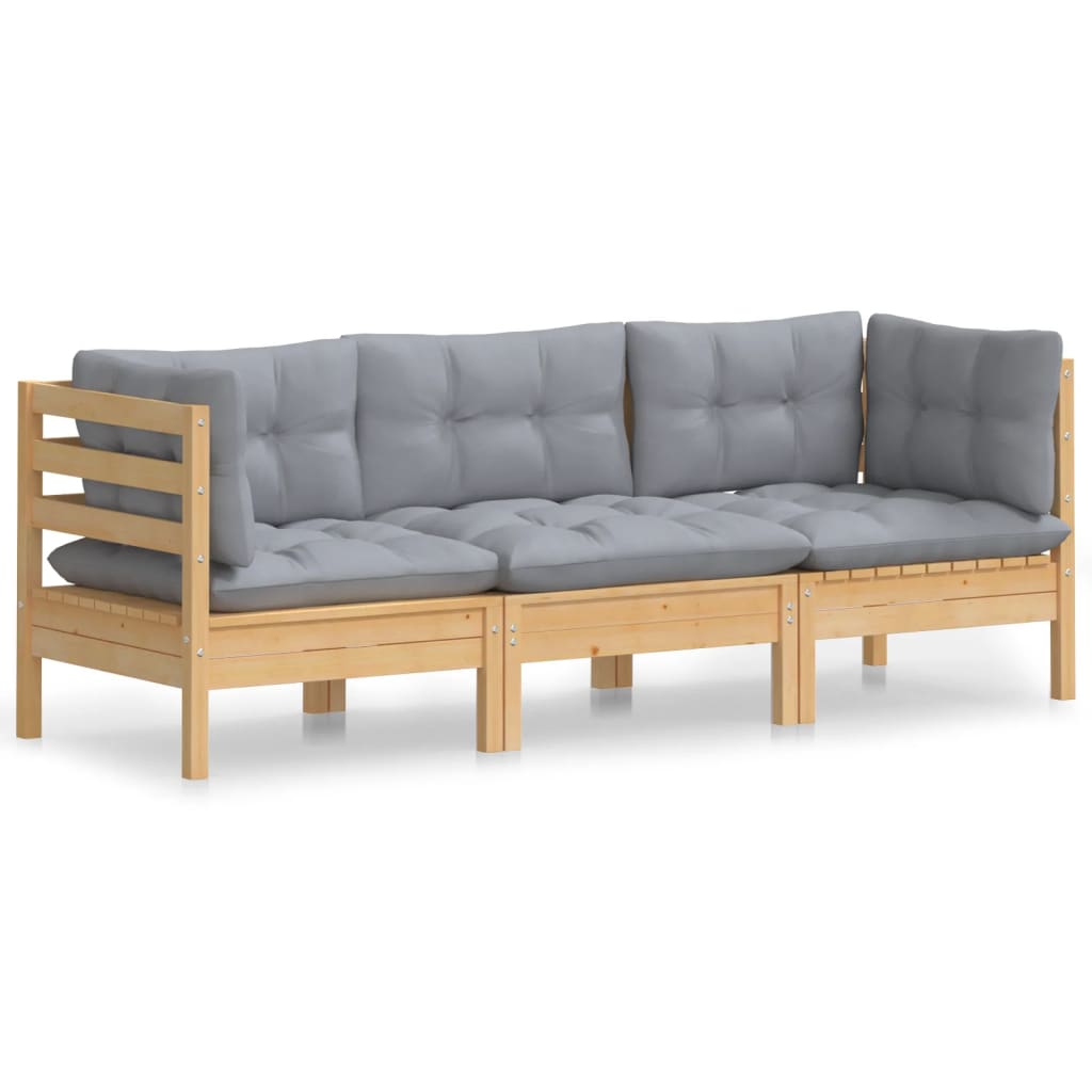 3-Seater Patio Sofa with Gray Cushions Solid Pinewood