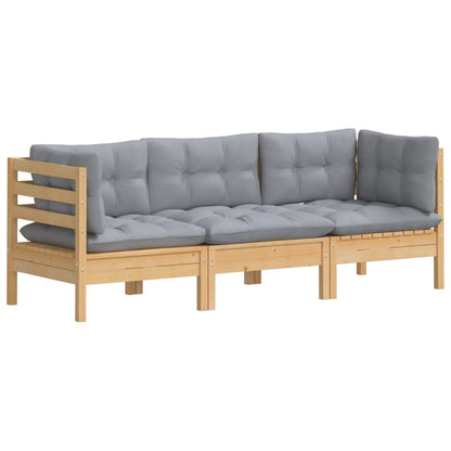 3-Seater Patio Sofa with Gray Cushions Solid Pinewood