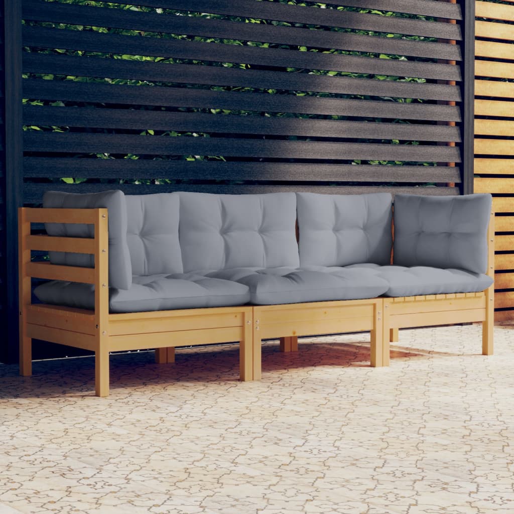 3-Seater Patio Sofa with Gray Cushions Solid Pinewood