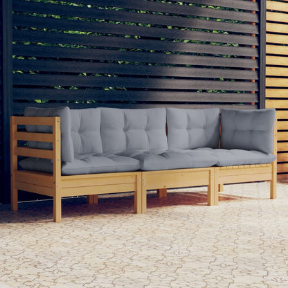 3-Seater Patio Sofa with Gray Cushions Solid Pinewood