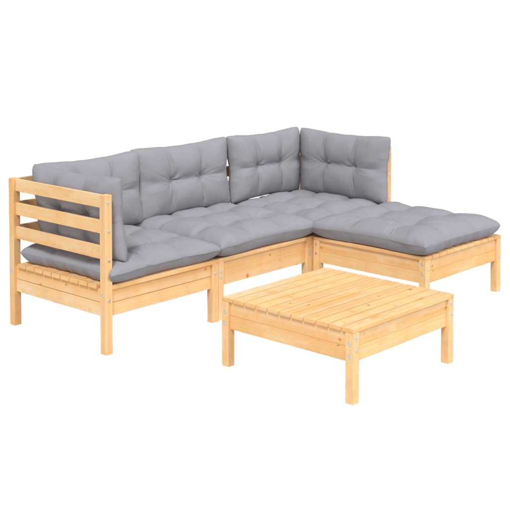 5 Piece Patio Lounge Set with Gray Cushions Pinewood