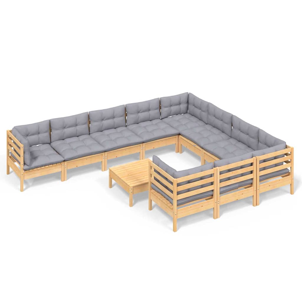 11 Piece Patio Lounge Set with Gray Cushions Pinewood