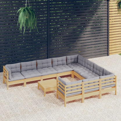 11 Piece Patio Lounge Set with Gray Cushions Pinewood