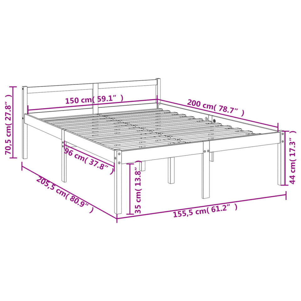 Bed Frame Grey 150x200 cm King Size Solid Wood Pine