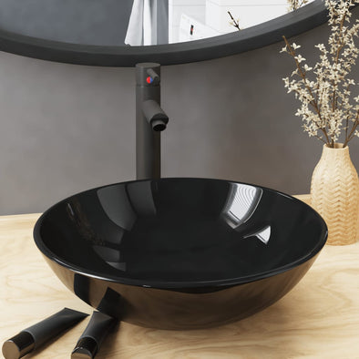 Bathroom Sink with Tap and Push Drain Black Tempered Glass