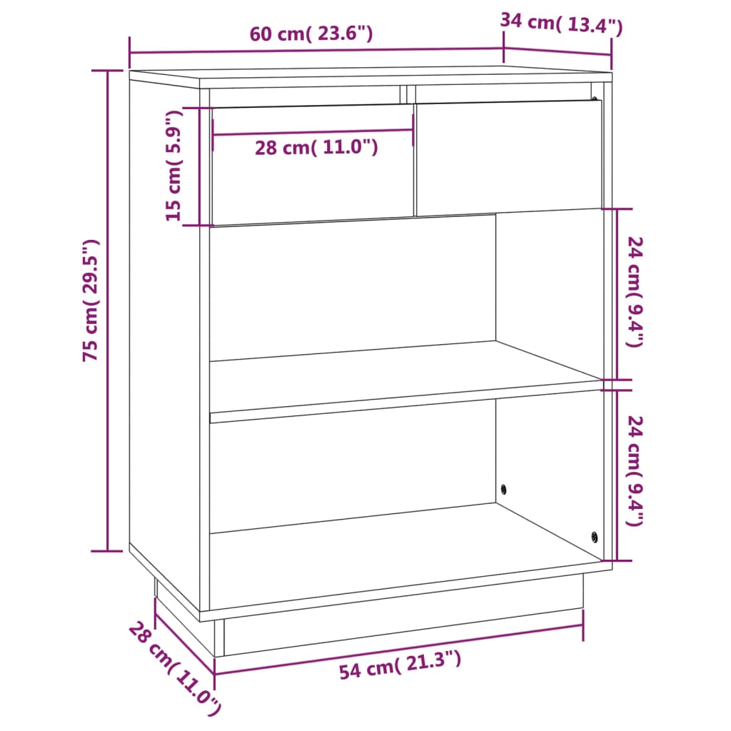 Console Cabinet Grey 60x34x75 cm Solid Wood Pine