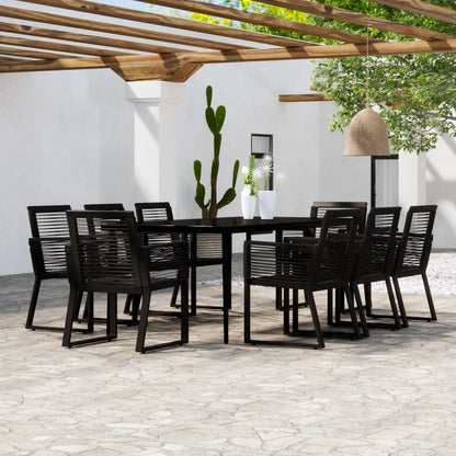 Dining Set | Black | Powder-coated steel, glass, PVC rattan | Large