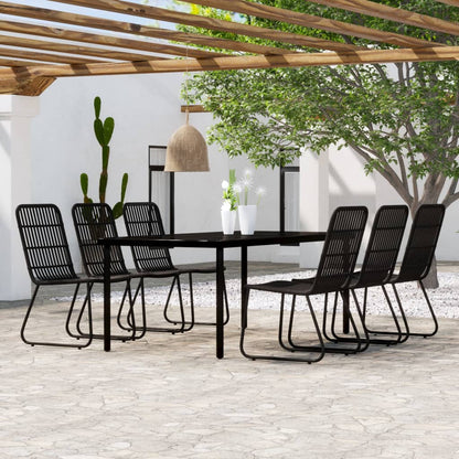 Dining Set | Black | Powder-coated steel, PE rattan, glass | Large