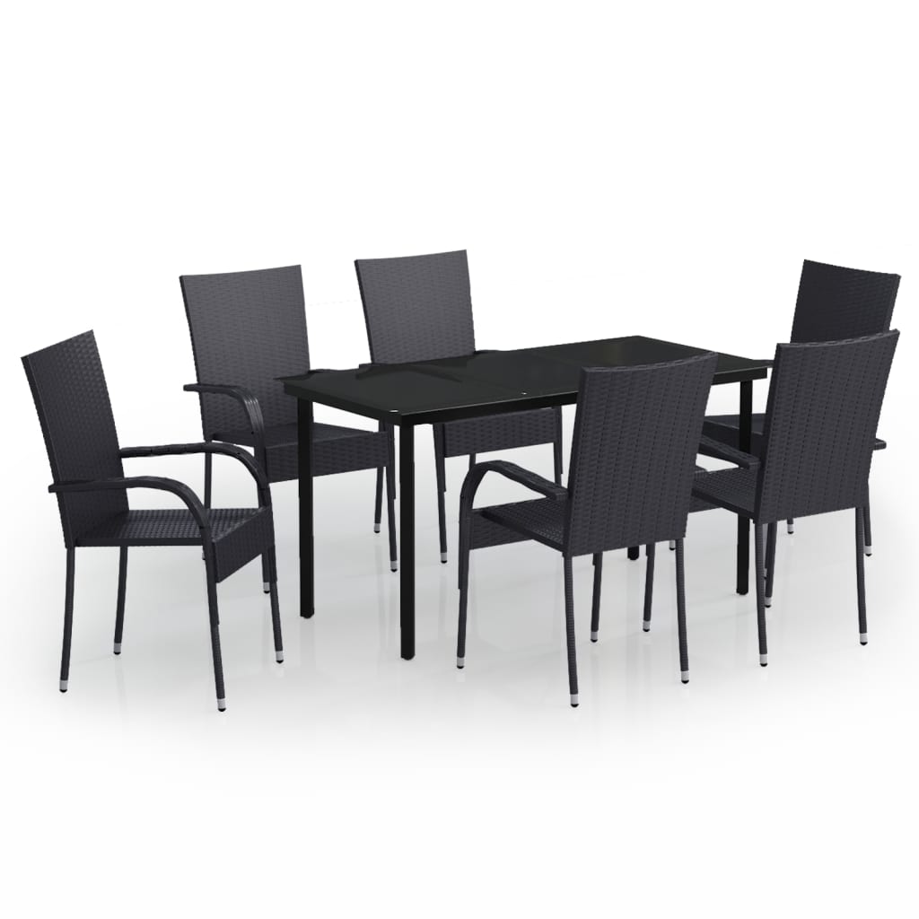 Garden Dining Set | Black | PE rattan, powder-coated steel, glass