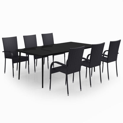 Garden Dining Set | Black | PE rattan, powder-coated steel, glass | Large