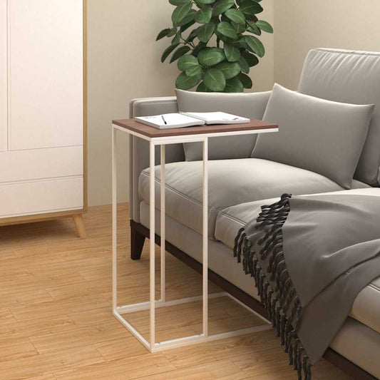 Side Table | White and Brown | Engineered Wood, Iron | Decorative Inlays