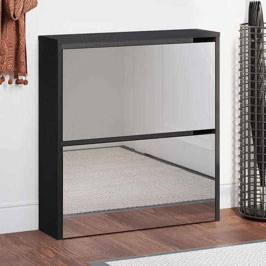 Shoe Cabinet with Mirror 2-Layer Black 63x17x67 cm