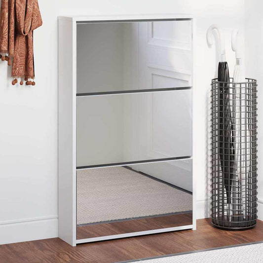 Shoe Cabinet with Mirror 3-Layer High Gloss White 63x17x102.5 cm