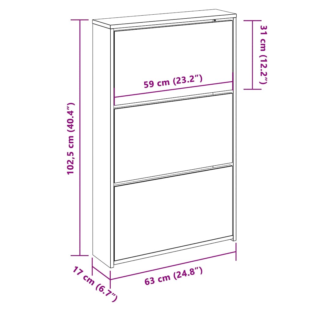 Shoe Cabinet with Mirror 3-Layer Brown Oak 63x17x102.5 cm