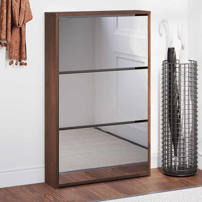 Shoe Cabinet with Mirror 3-Layer Brown Oak 63x17x102.5 cm