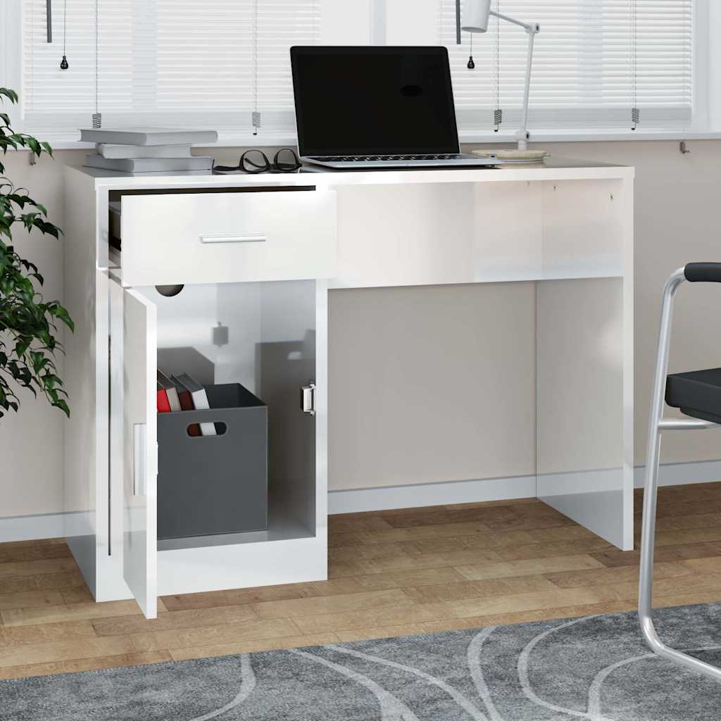Desk with Drawer&Cabinet High Gloss White 100x40x73 cm