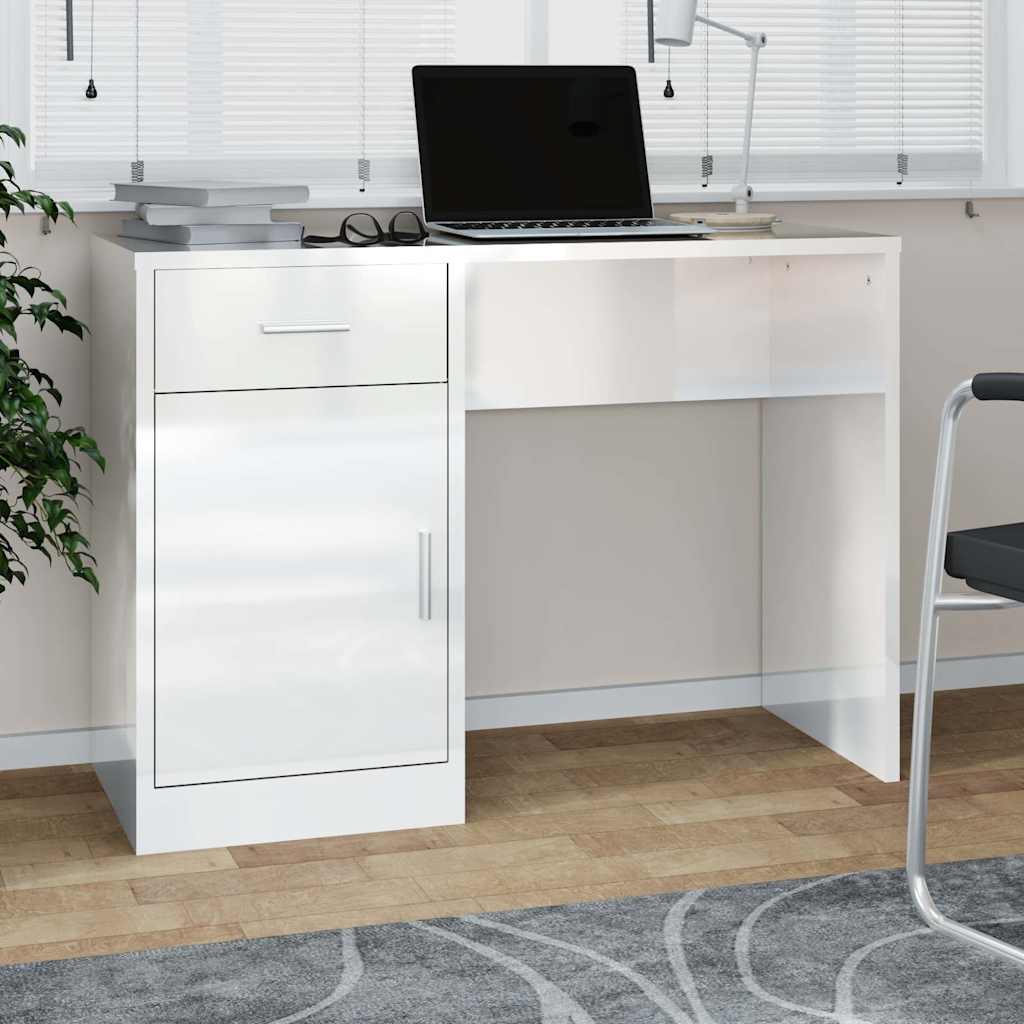 Desk with Drawer&Cabinet High Gloss White 100x40x73 cm
