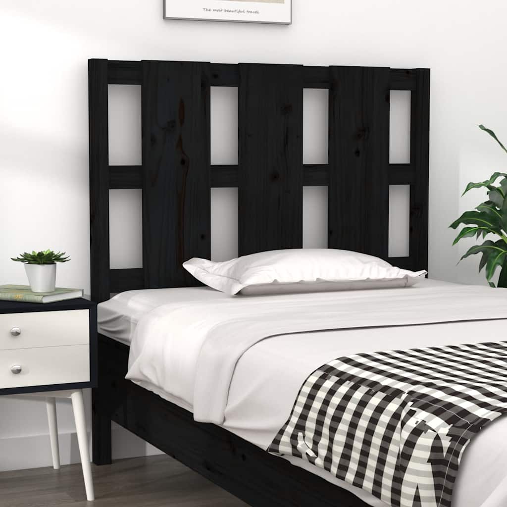 Bed Headboard | Black | Solid Pine Wood | Medium | Decorative Inlays