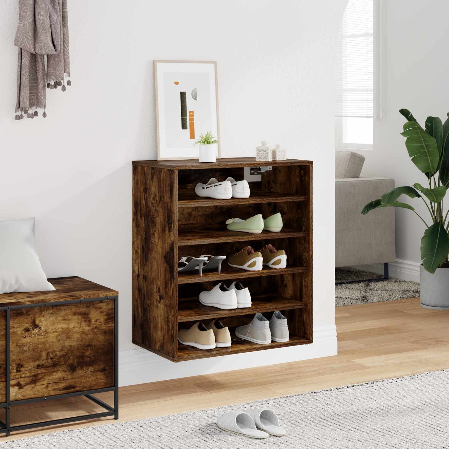 816014 vidaXL Shoe Cabinet Smoked Oak 60x35x70 cm Engineered Wood