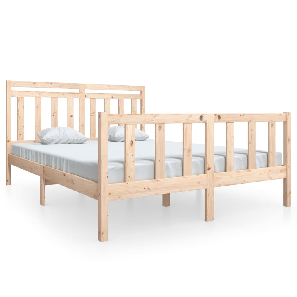 Bed Frame | Natural Wood | Solid Pine Wood | Double | Decorative Inlays