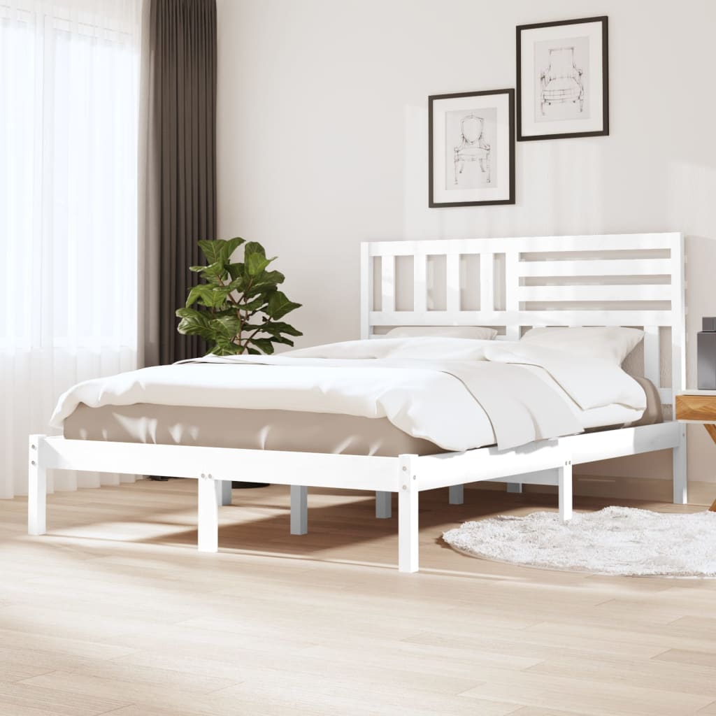 Bed Frame | White | Solid pinewood | 160x200 cm | Decorative Inlays