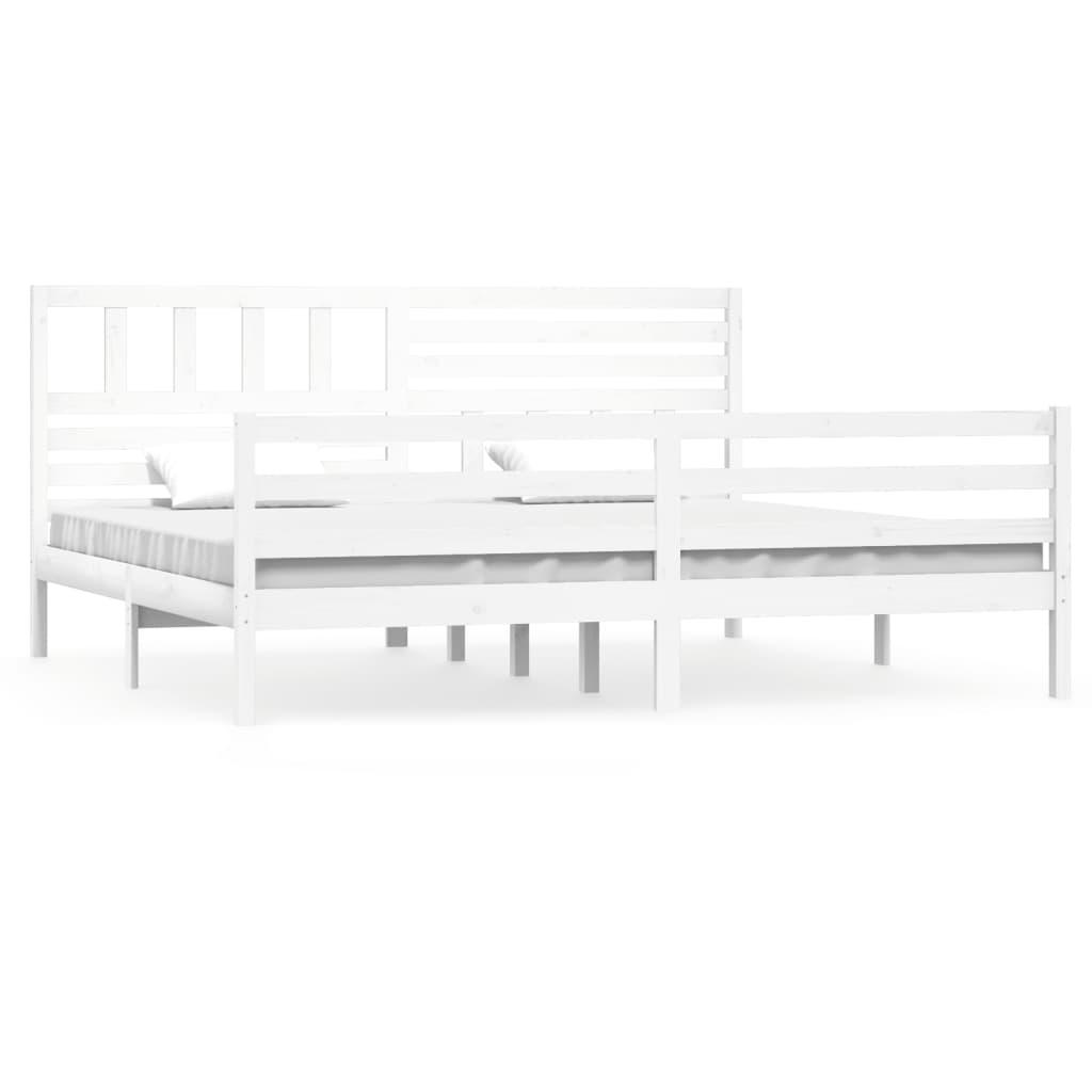 Bed Frame | White | Solid Pinewood | Double | Decorative Inlays