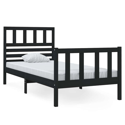 Bed Frame | Black | Solid pine wood | 75x190 cm | Decorative Inlays