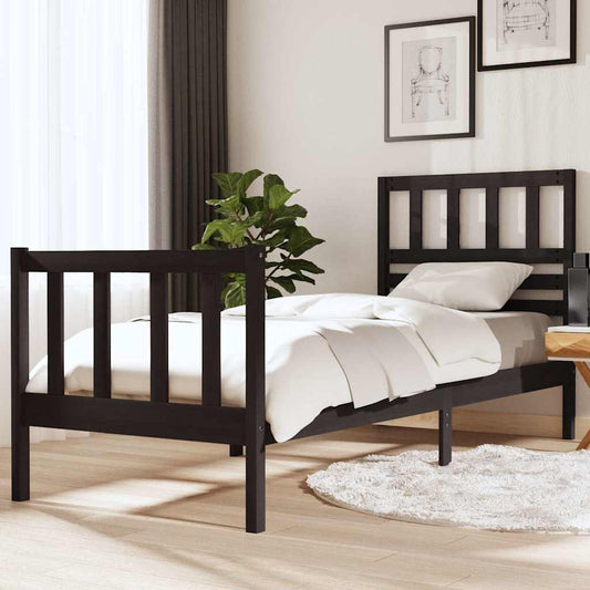 Bed Frame | Black | Solid pine wood | 75x190 cm | Decorative Inlays