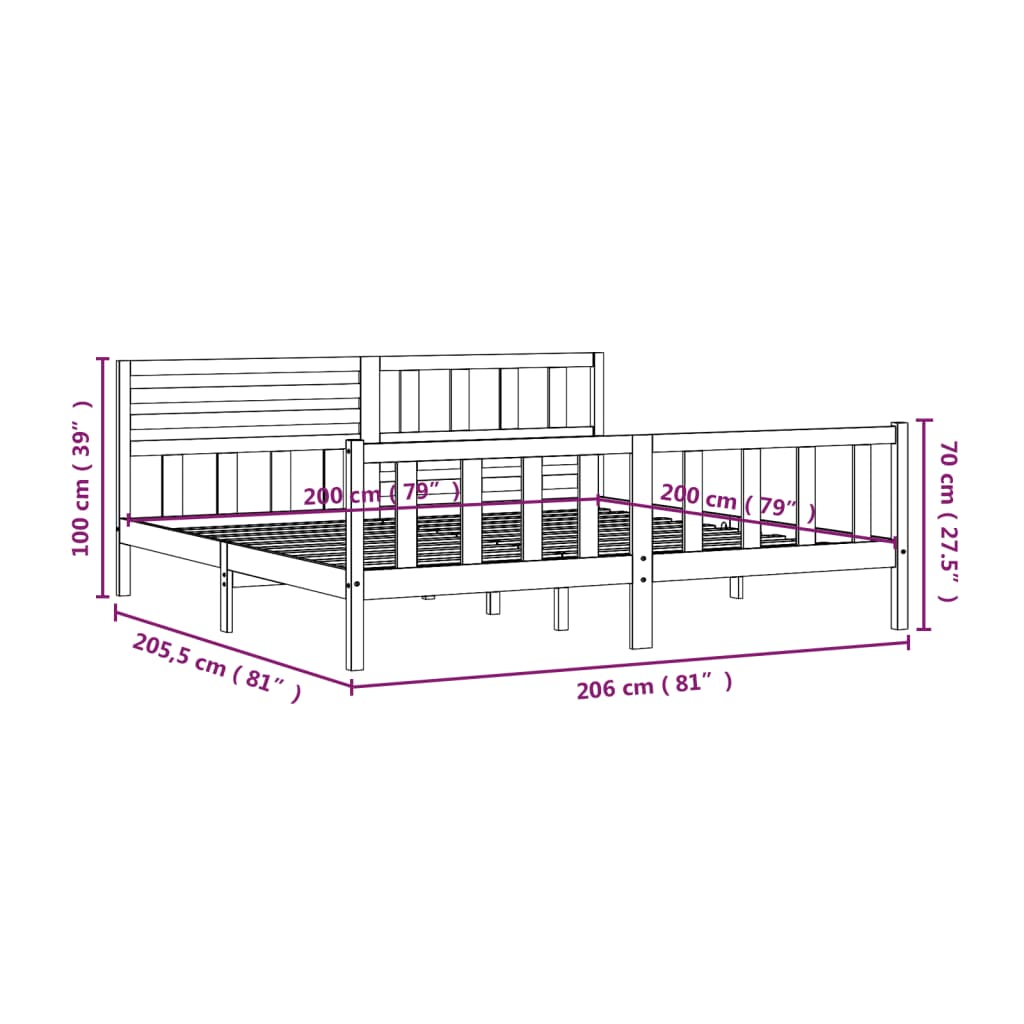Bed Frame | Black | Solid pine wood | 200 x 200 cm |  Strong Build