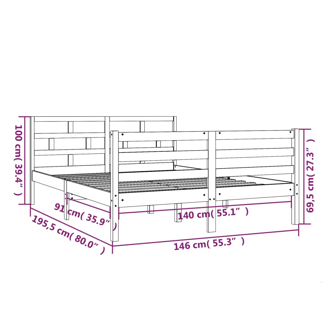 3101265 vidaXL Bed Frame without Mattress Grey Solid Wood 140x190 cm (810412+814196)