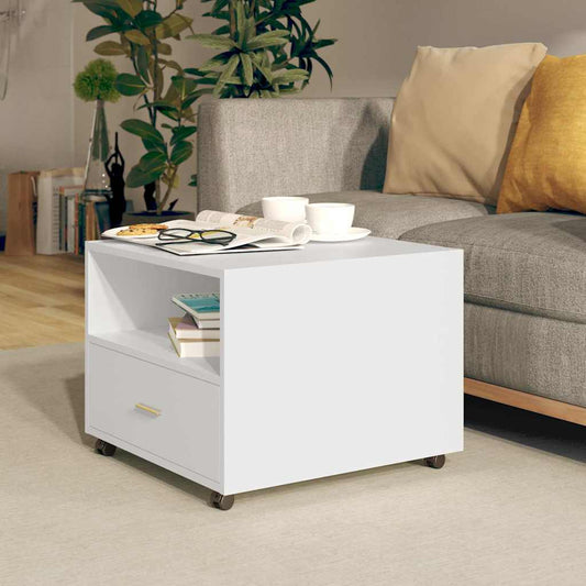 Coffee Table | White | Engineered Wood | Lockable Wheels | Coffee Table